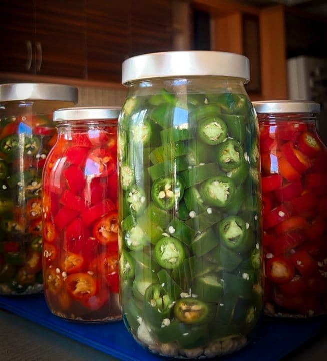 Kavanozlarda halka halka jalapeno ve kırmızı biber turşusu